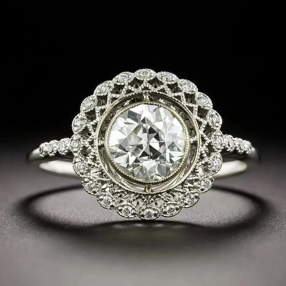 Art Deco Style Lab Created Diamond Engagement Wedding 14K White Gold Finish Ring