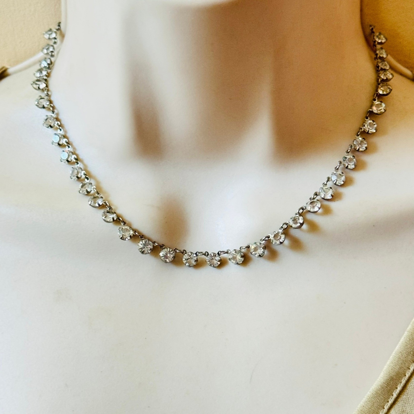 VTG Regal Riviere Crystal Choker Necklace art deco open bezel silver 925 15″ 5mm