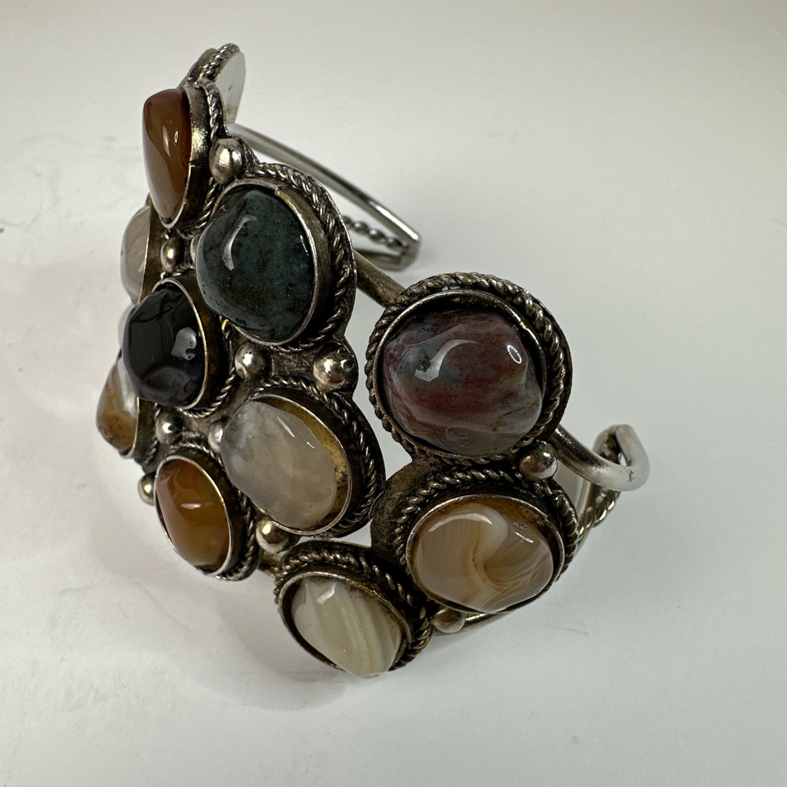 Vintage Multi Stone Agate Cuff Bracelet Silver Tone Cluster Boho Artisan