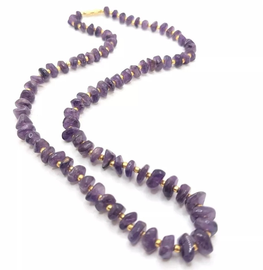 Vintage Amethyst Stone Purple Beaded Long Necklace Layering Present Gift For Her