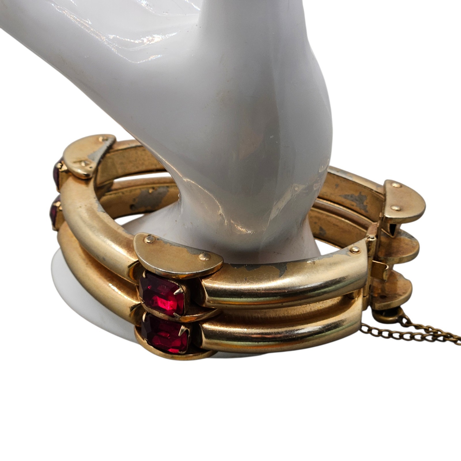 VTG Art Deco Bracelet Gold Plated Red Glass Domed Bar Tank Link Safety Chain