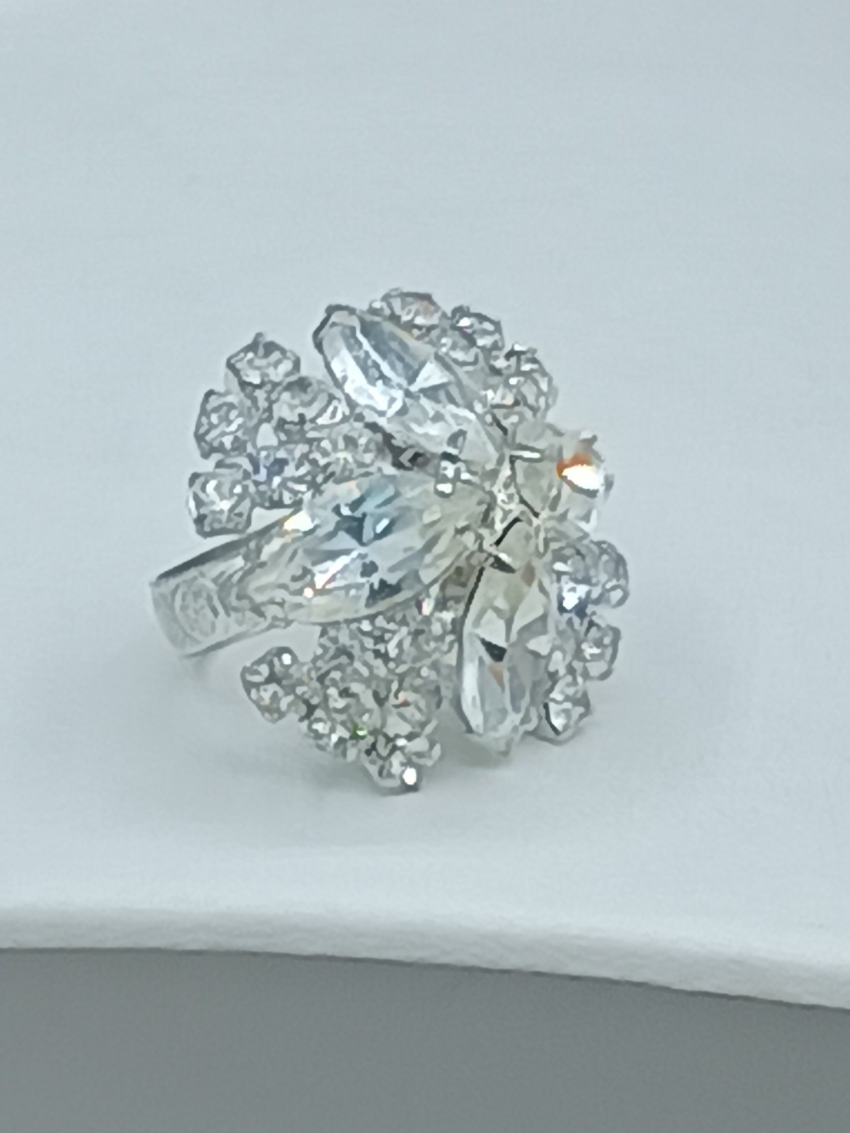 Vintage Rhinestone Cross Ring Adjustable Chunky Statement Clear Sparkle Glam