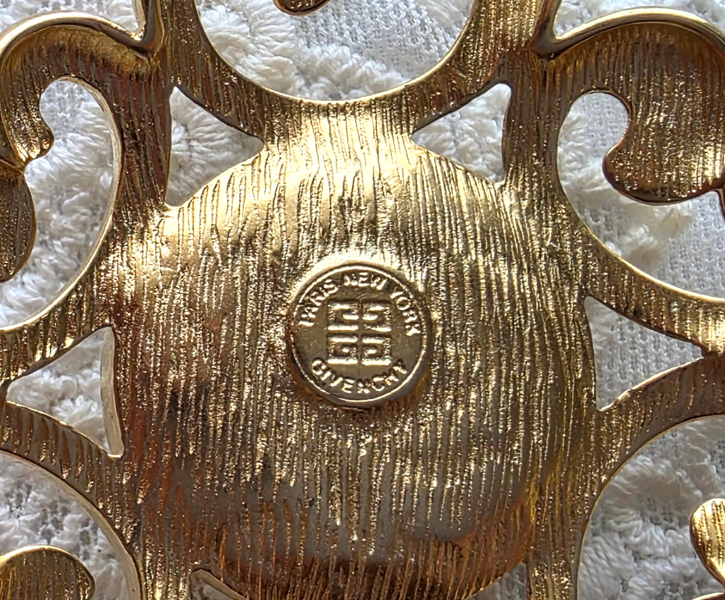 Vintage Signed Givenchy Brooch Pin Faux Pearl Open Work Gold Tone 2″