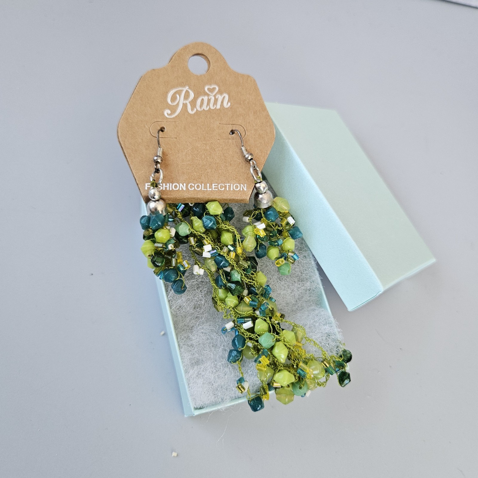VTG Rain Beaded Necklace Multi Strand Cluster Hook Earrings Set Silver Green Lot