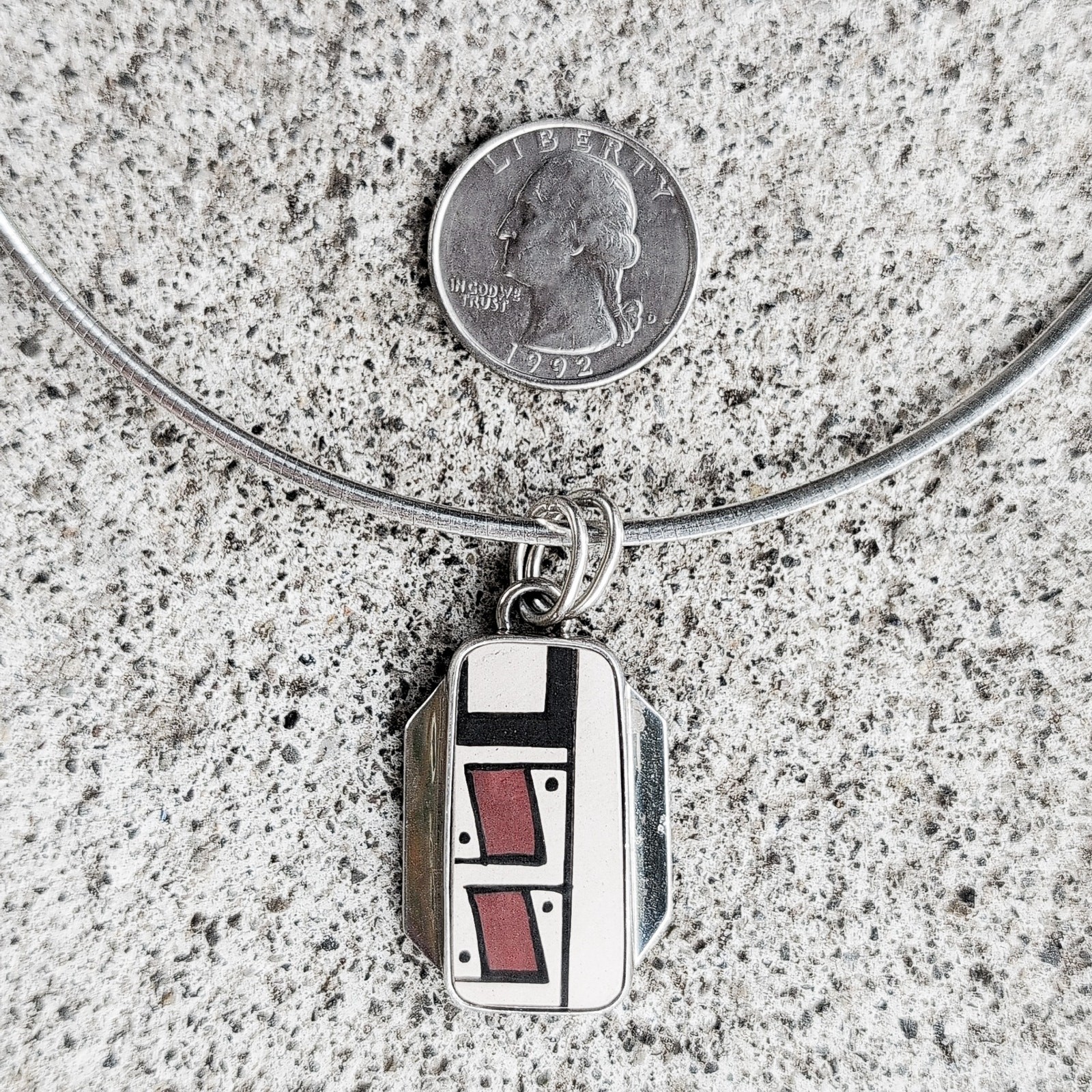 Mata Ortiz pottery shard silver pendant, silver setting on flat neckwire MOATB