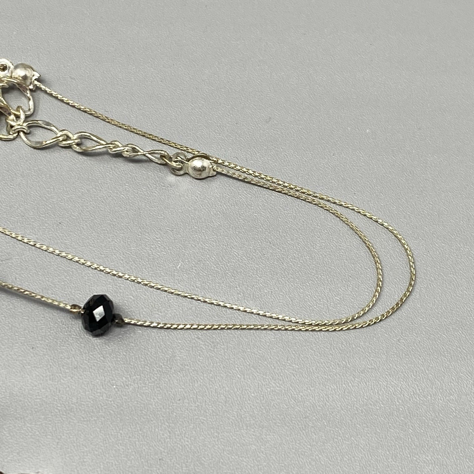 Glass Bead Necklace Black Clear Station Lariat Silver Tone Chain Collar 20″