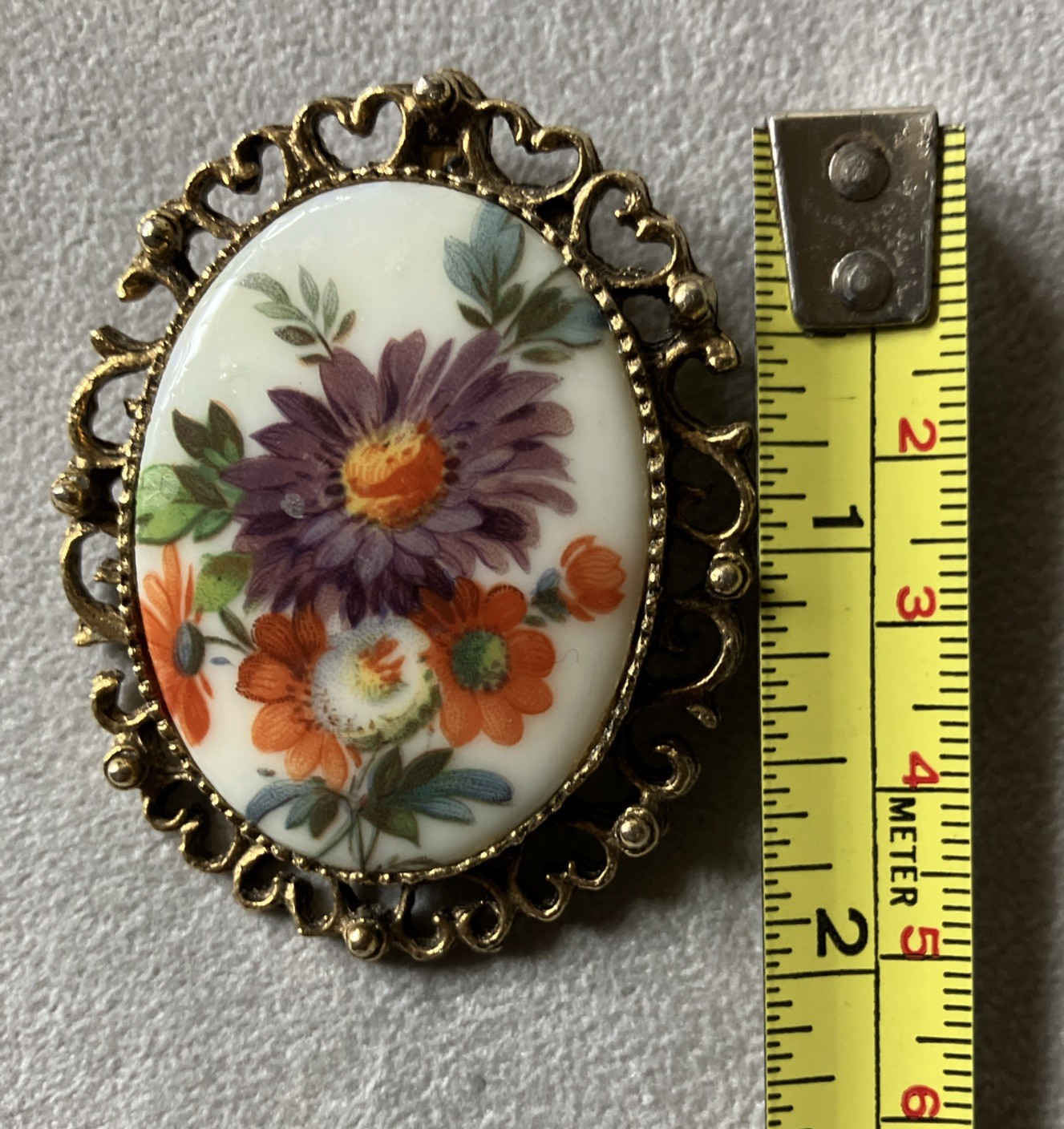 Vintage Filigree Goldtone Hand Painted Floral Brooch/Pendant 2 X 1.75 Inches