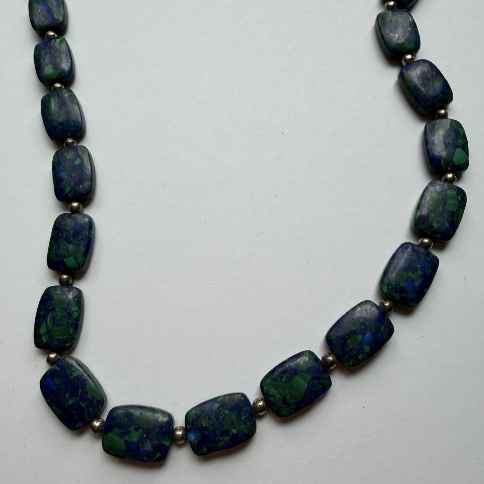 Vintage Blue Green Bead Necklace Boho Statement Azurite Malachite Style 20in