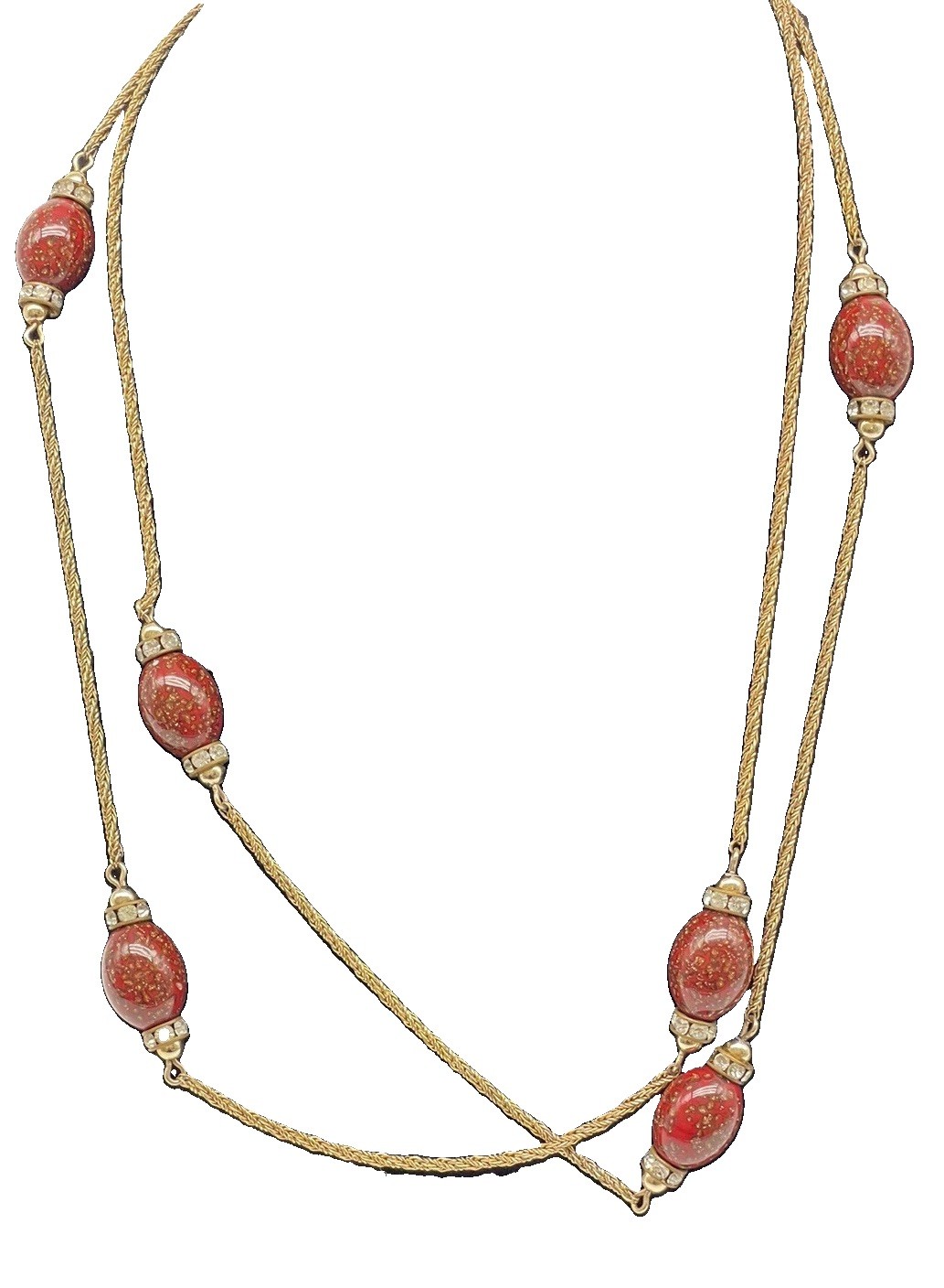 VINTAGE HENKEL GROSSE GERMANY LONG GOLD TONE NECKLACE RED BEAD CRYSTAL 38” 1970’