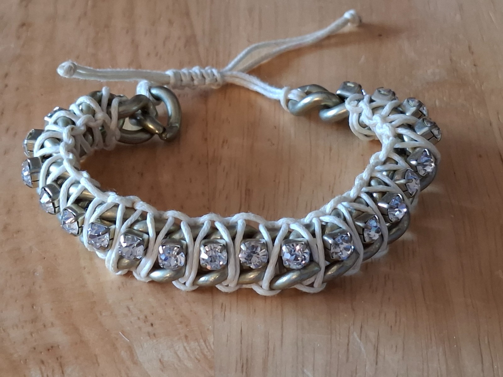 Vintage Jewelry Adjustable Rhinestone Macrame White Cord Silver Tone Bracelet