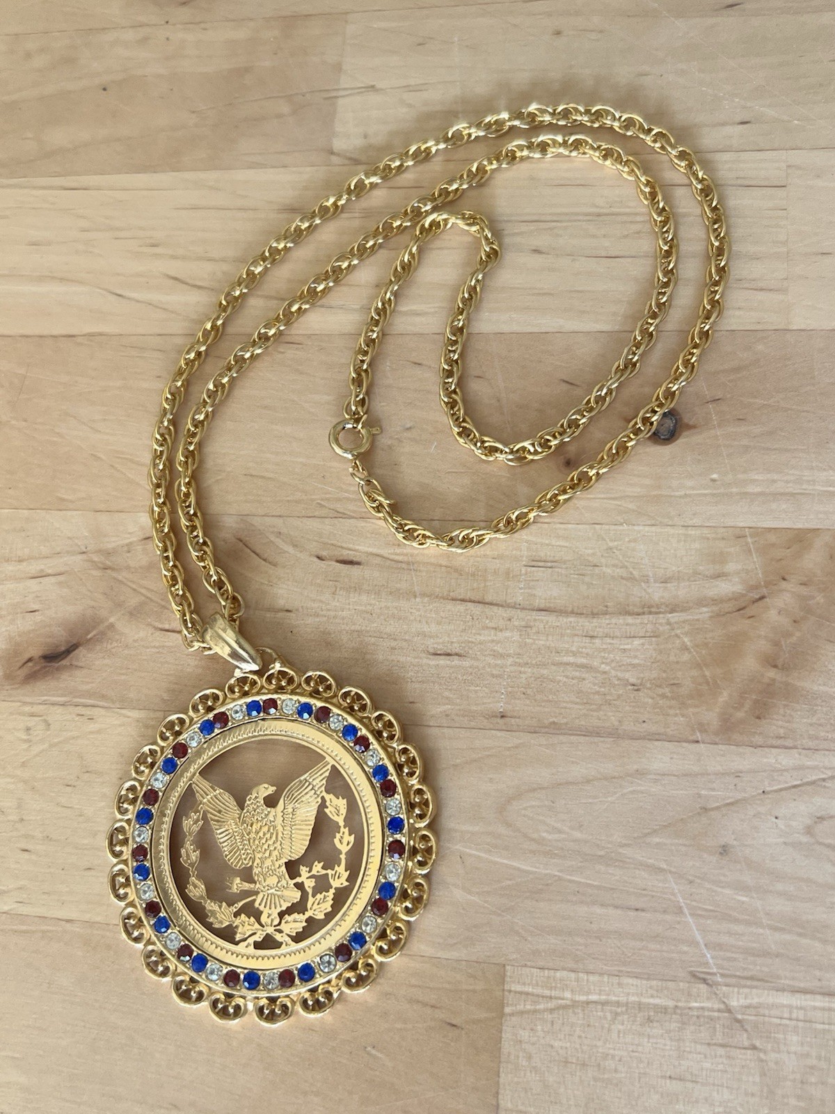 Vintage Patriotic AMERICAN EAGLE Red White Blue Rhinestone BICENTENNIAL NECKLACE