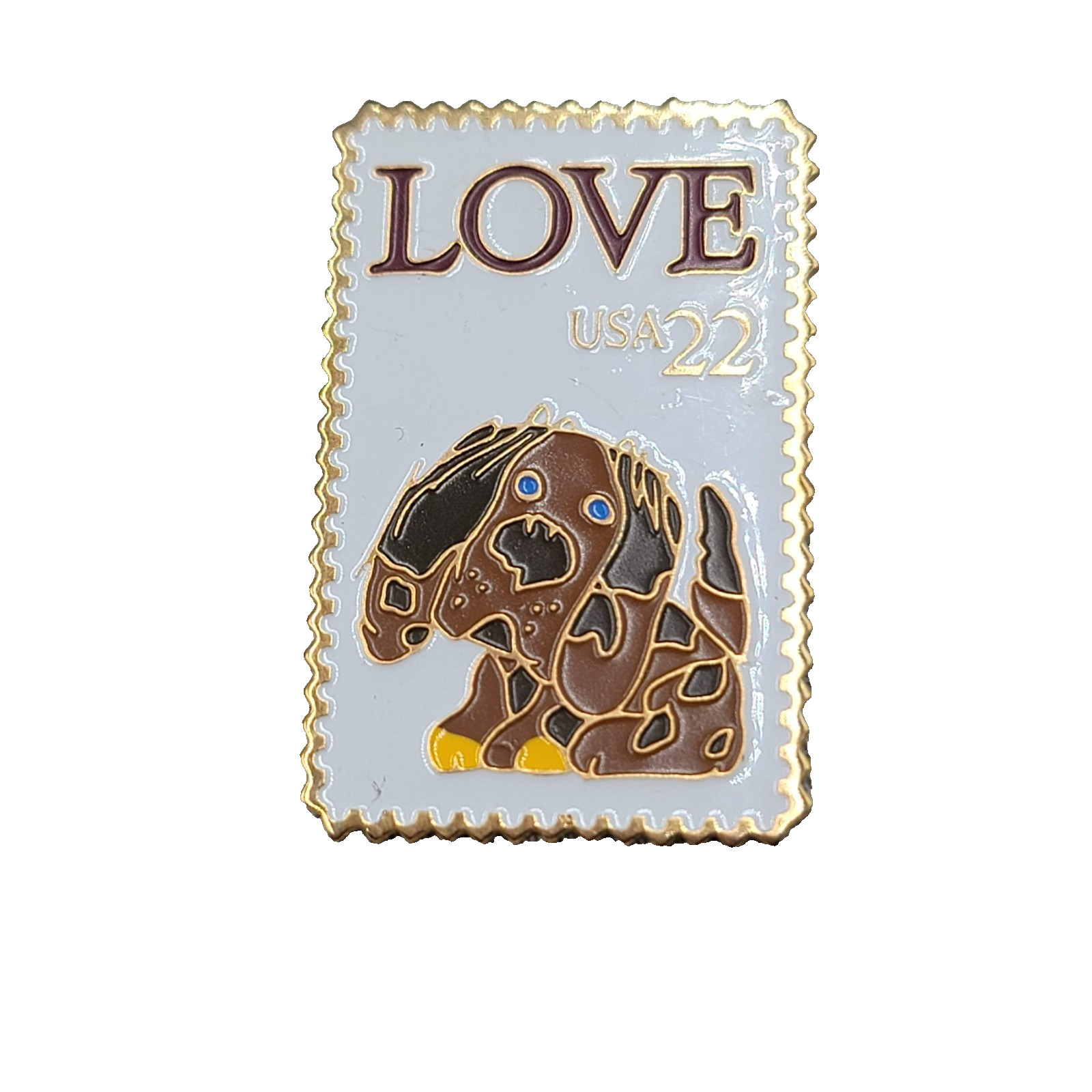 Vintage LOVE Postage Stamp USA 22 Puppy Pin Brooch 1 5/8″