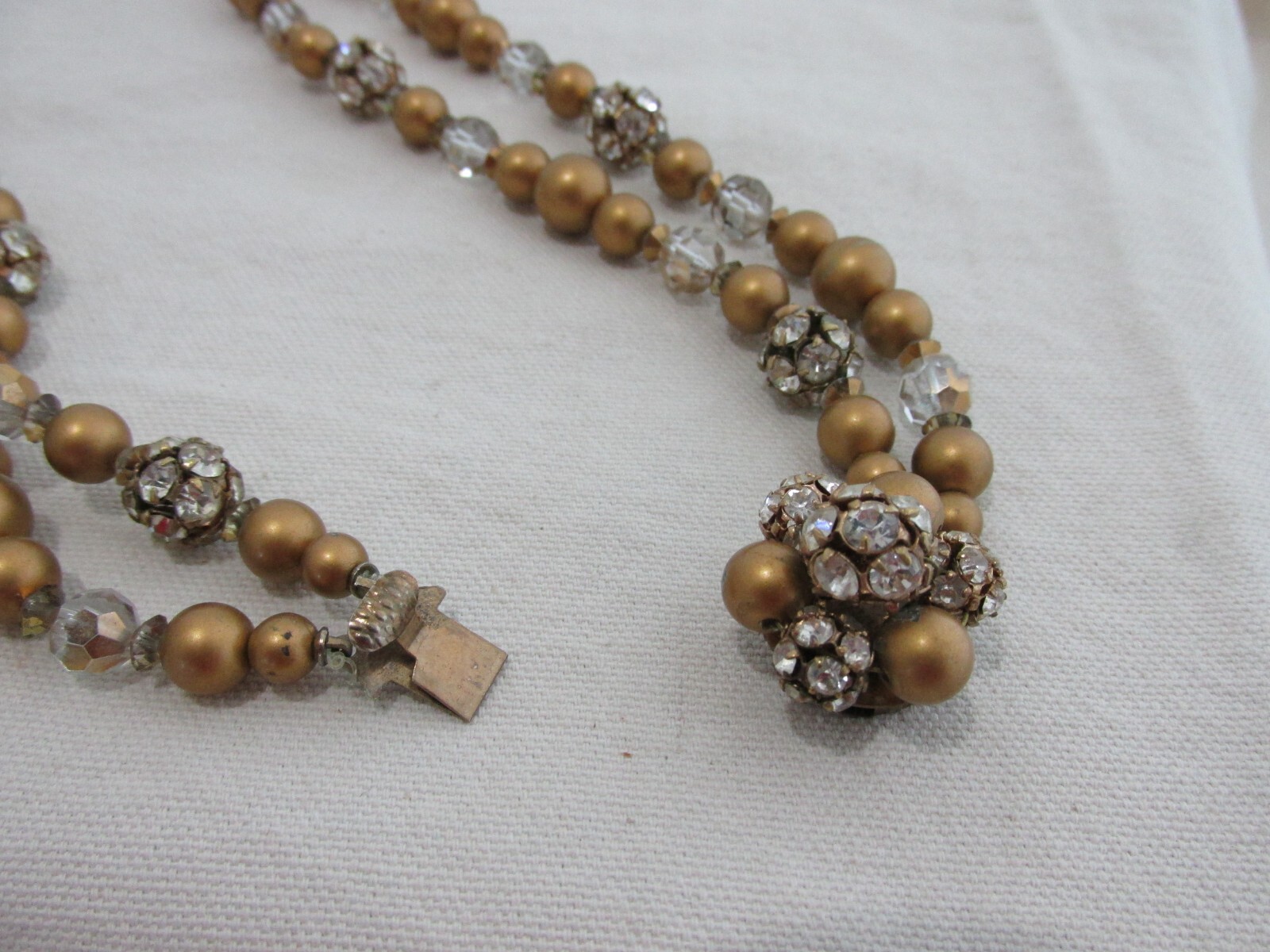 Vtg Necklace Matte Gold Beads Beaded Rhinestones Crystal Double Strand Ornate