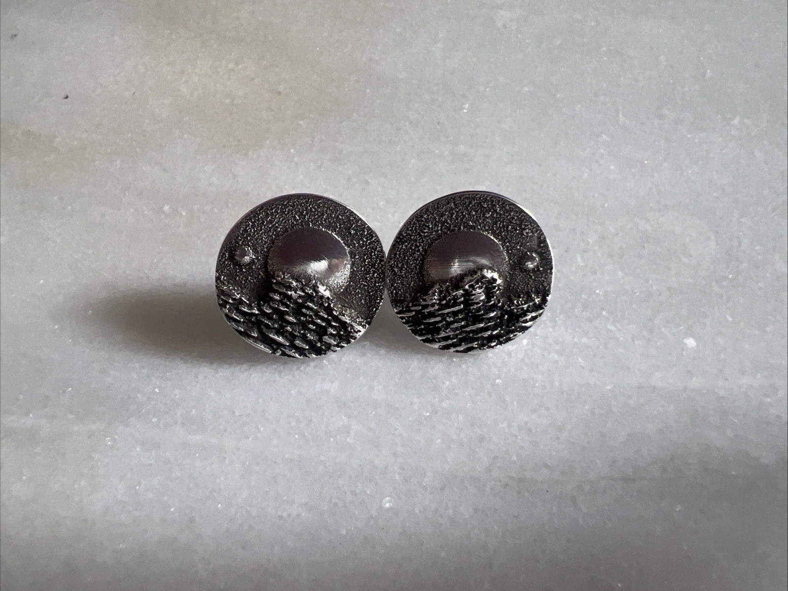 Vintage Artisan Sterling Silver Modernist Moon Landscape Round Stud Earrings
