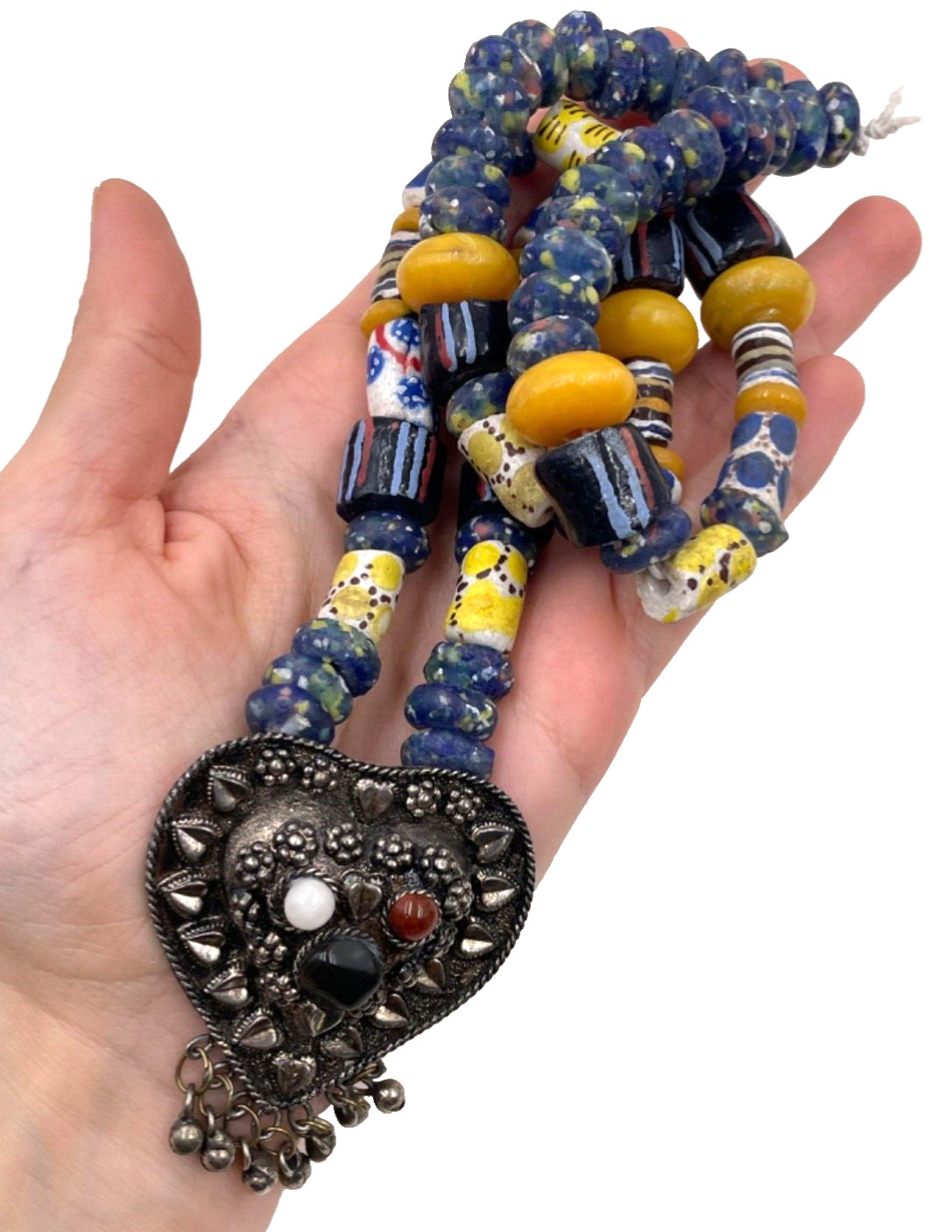 ETHNIC AFRICAN TRIBAL BERBER NECKLACE HAND-MADE KROBO GLASS BEADS BRONZE METAL R