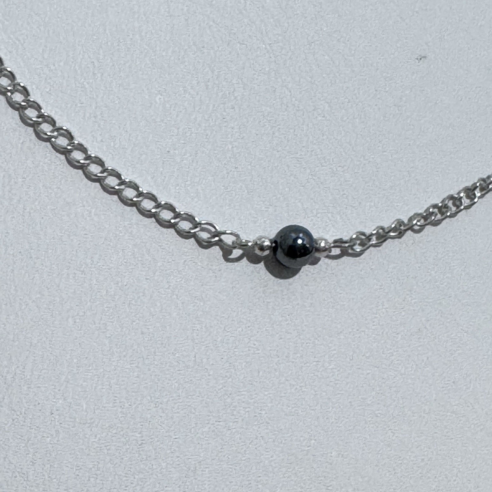 VINTAGE Sterling Silver & Hematite Bead Necklace 16” 925 Station Necklace 1990s