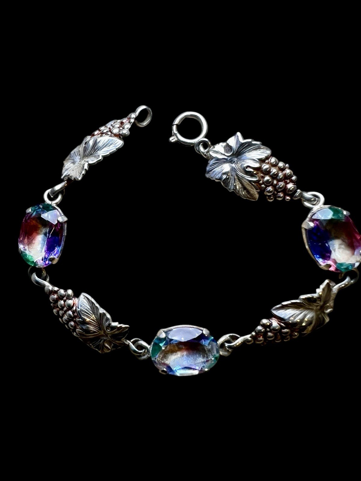 Vintage 835 Silver Rheinkiesel Iris Glass Bracelet Grape Leaf Rainbow Stones