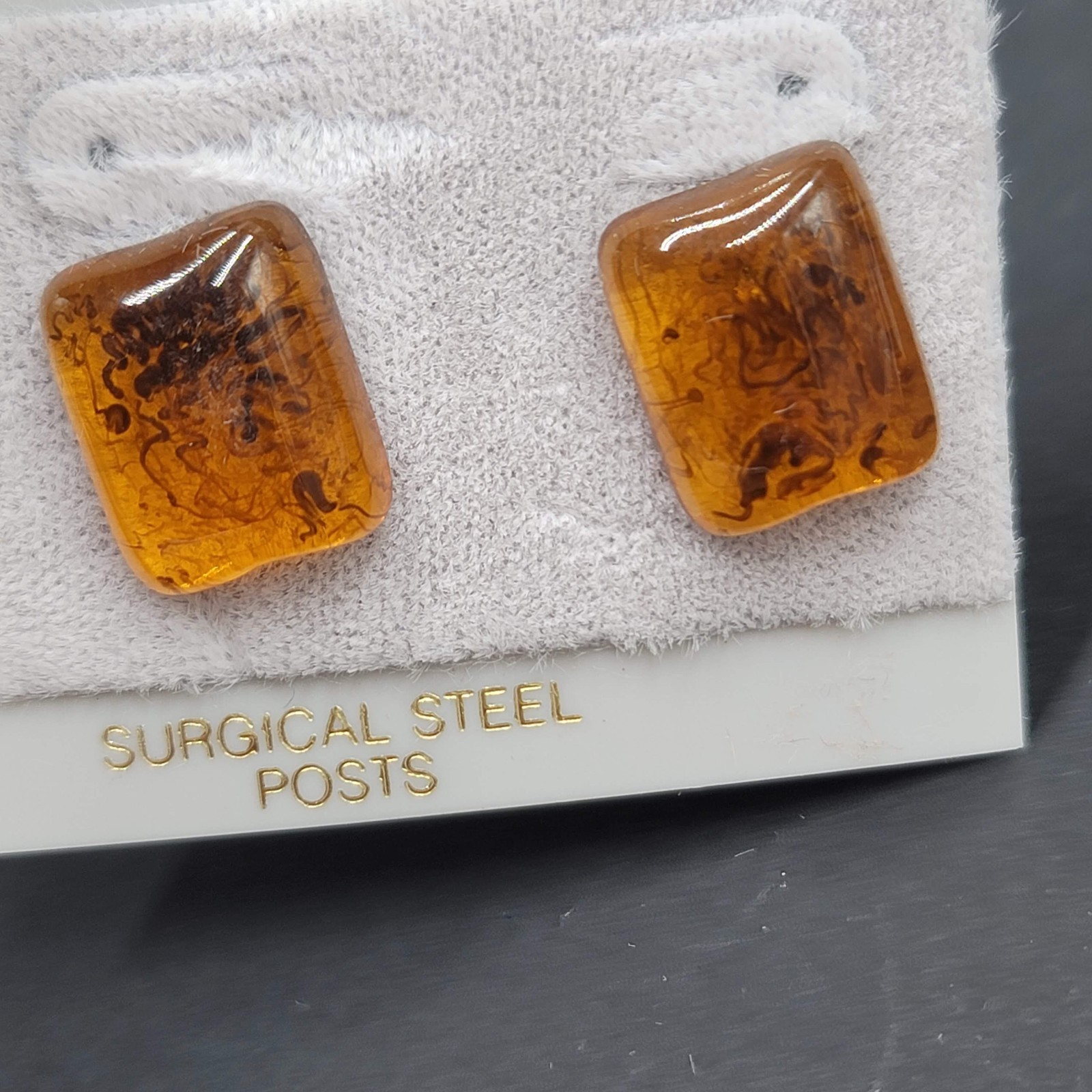 Vintage Amber Color Resin Cara Pierced Earrings New Old Stock 5/8″
