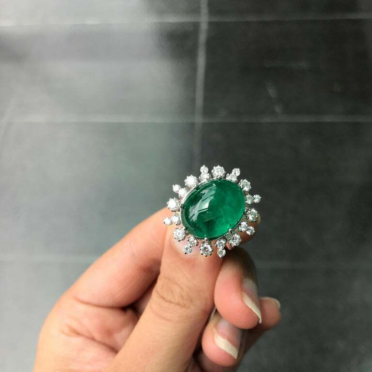 Light Deep Green 13.04 Carat Cabochon Emerald and 1.21CT Round CZ Cocktail Ring