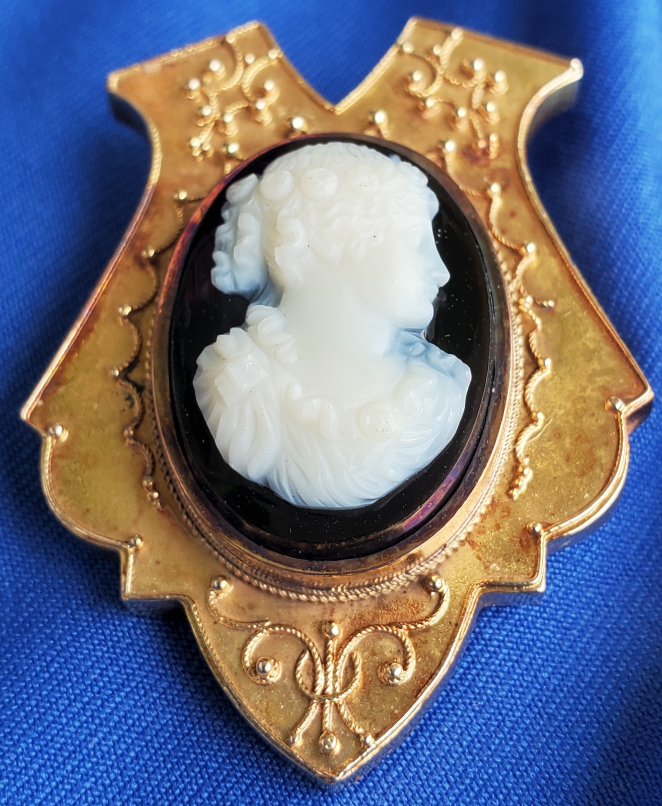 Victorian Memory Locket Brooch Antique 14K GOLD Deco HardStone Onyx Cameo Broach
