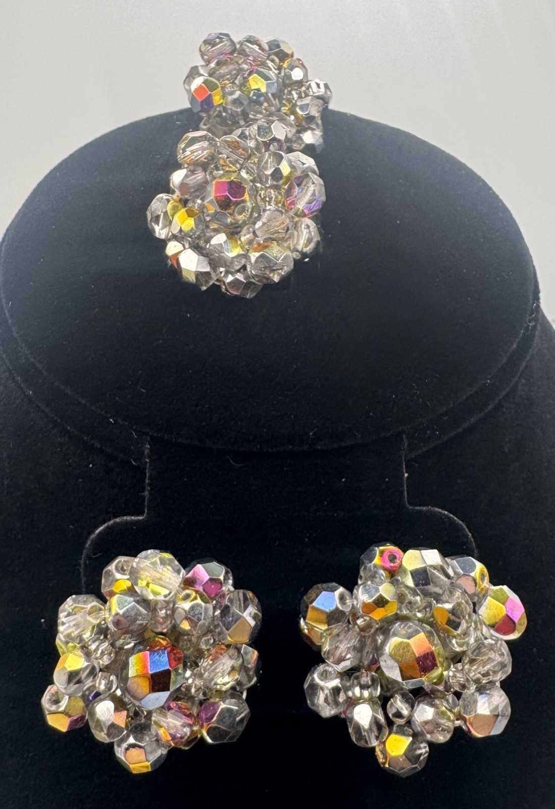 VTG AB Crystal Beaded Necklace with Clip on and Pierced Earrings Set