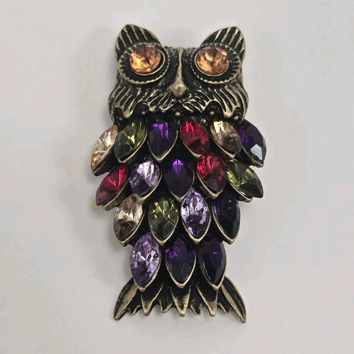 Vtg Rhinestone Owl Brooch Signed BMN Goldtone Red Purple Green Amber Rhinestones
