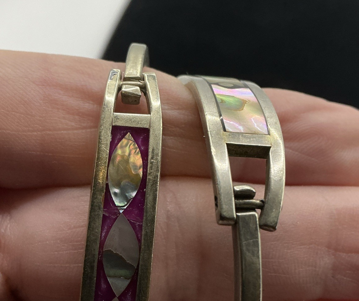 CT034 ALPACA Taxco Mexico Set 2 Silver Alloy Enamel Bracelets Mother Of Pearl