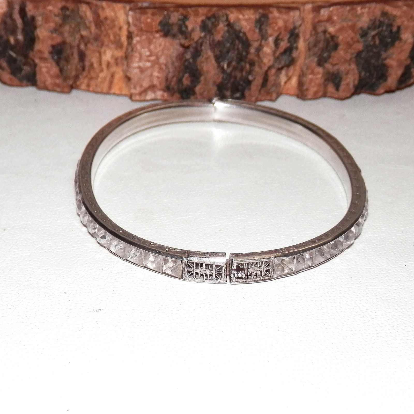 Art Deco Sterling Silver 925 Square Rhinestone Antique Hinged Bangle Bracelet