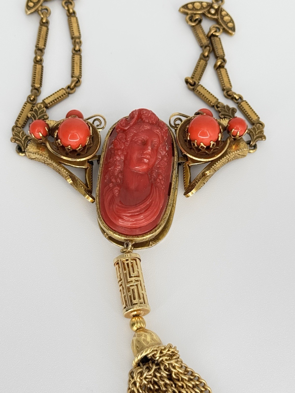 Vintage 1920s-1930s Art Deco Czech Faux Coral Cameo Brass Tassel Necklace