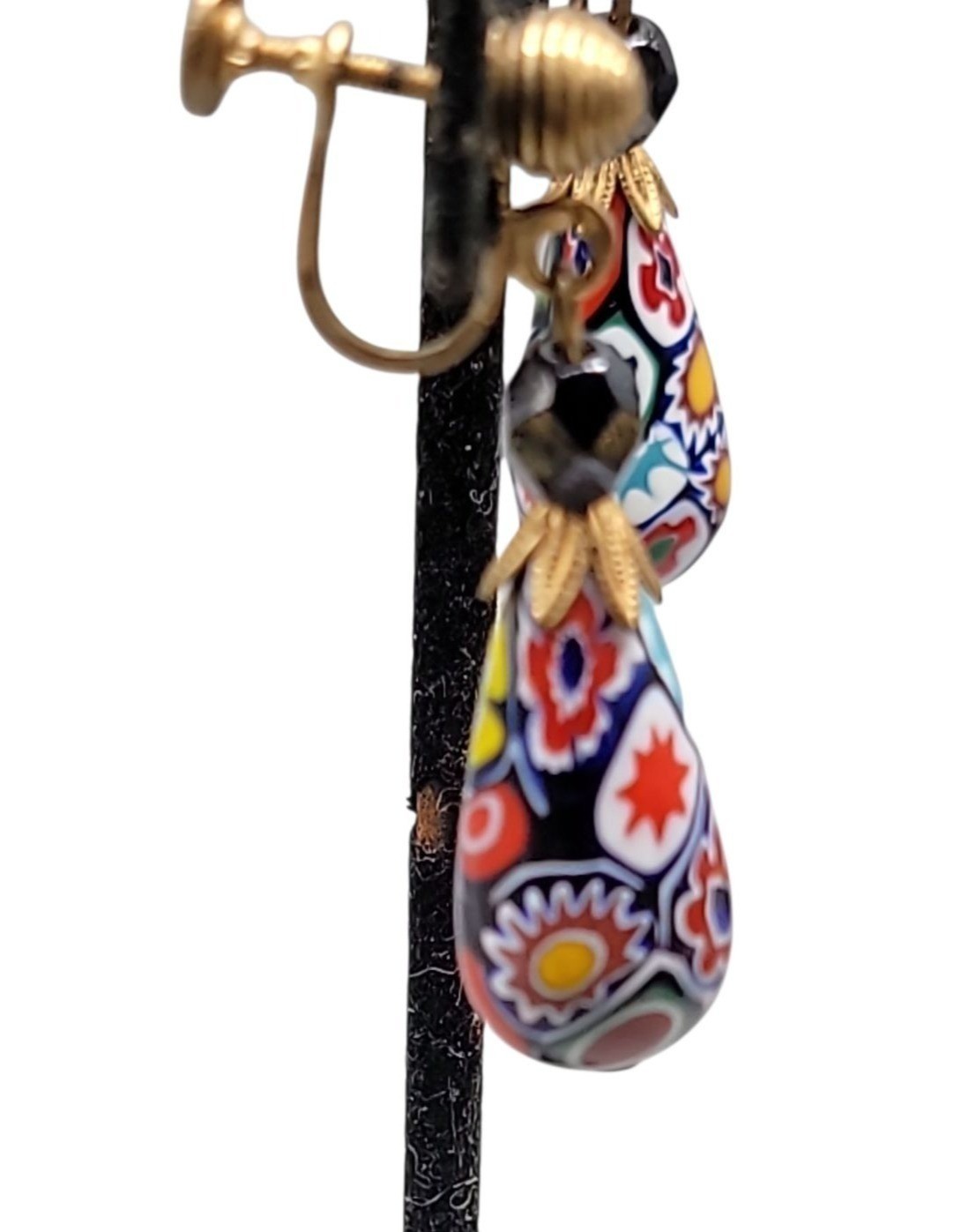 Venetian Millefiori Dangling Screwback Earrings Gold Teardrop Art Glass Vtg