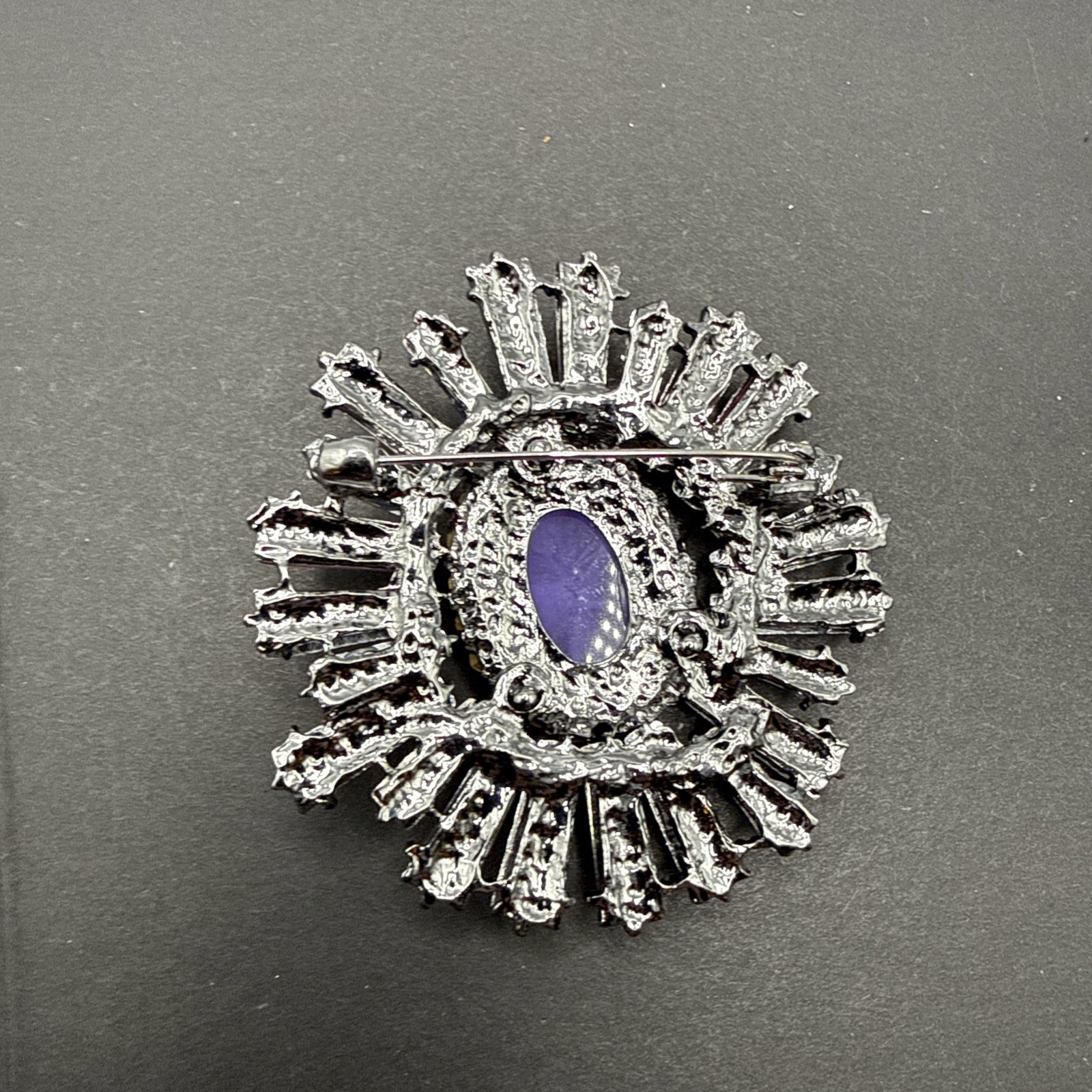 HUGE Brooch Pin Pink Purple Green Rhinestone Oval Ruffle J58