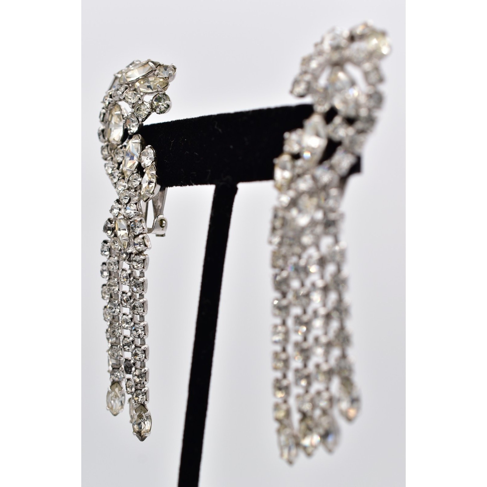 Vintage Crystal Climber Fringe Clip On Earrings Rhinestone Dangle Tassel BinAZ