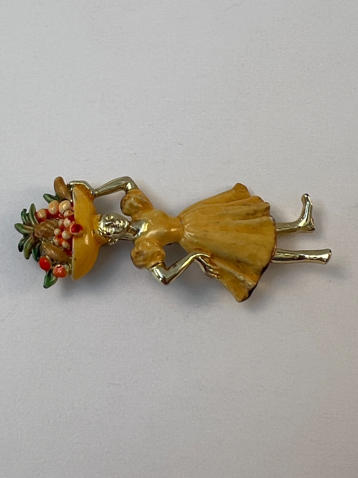 Vintage Brooch Lady Fruit Basket on Head Fruit Seller Enamel Gold Toned 1940s