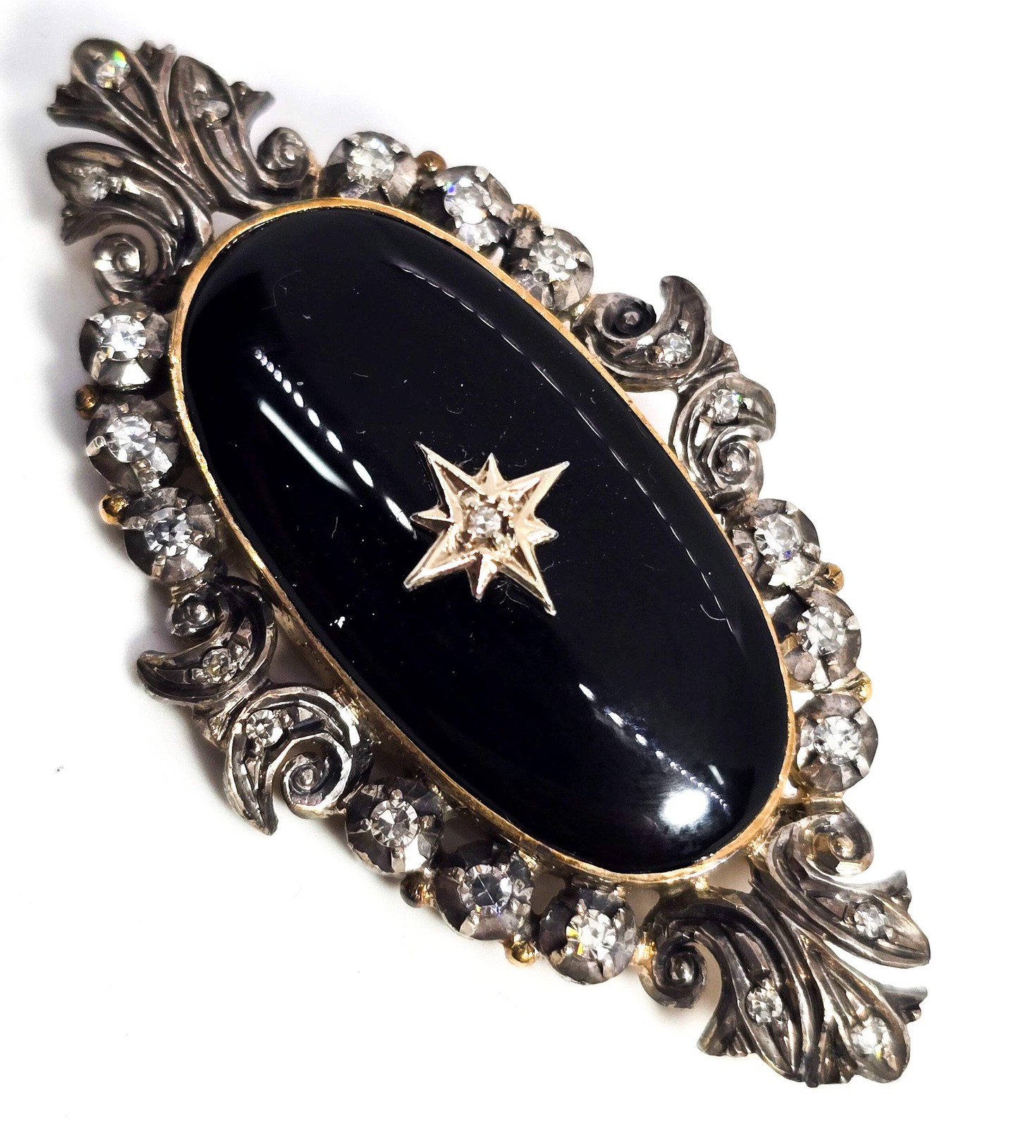 Momento Mori diamond and onyx antique vermeil sterling silver mourning brooch pi