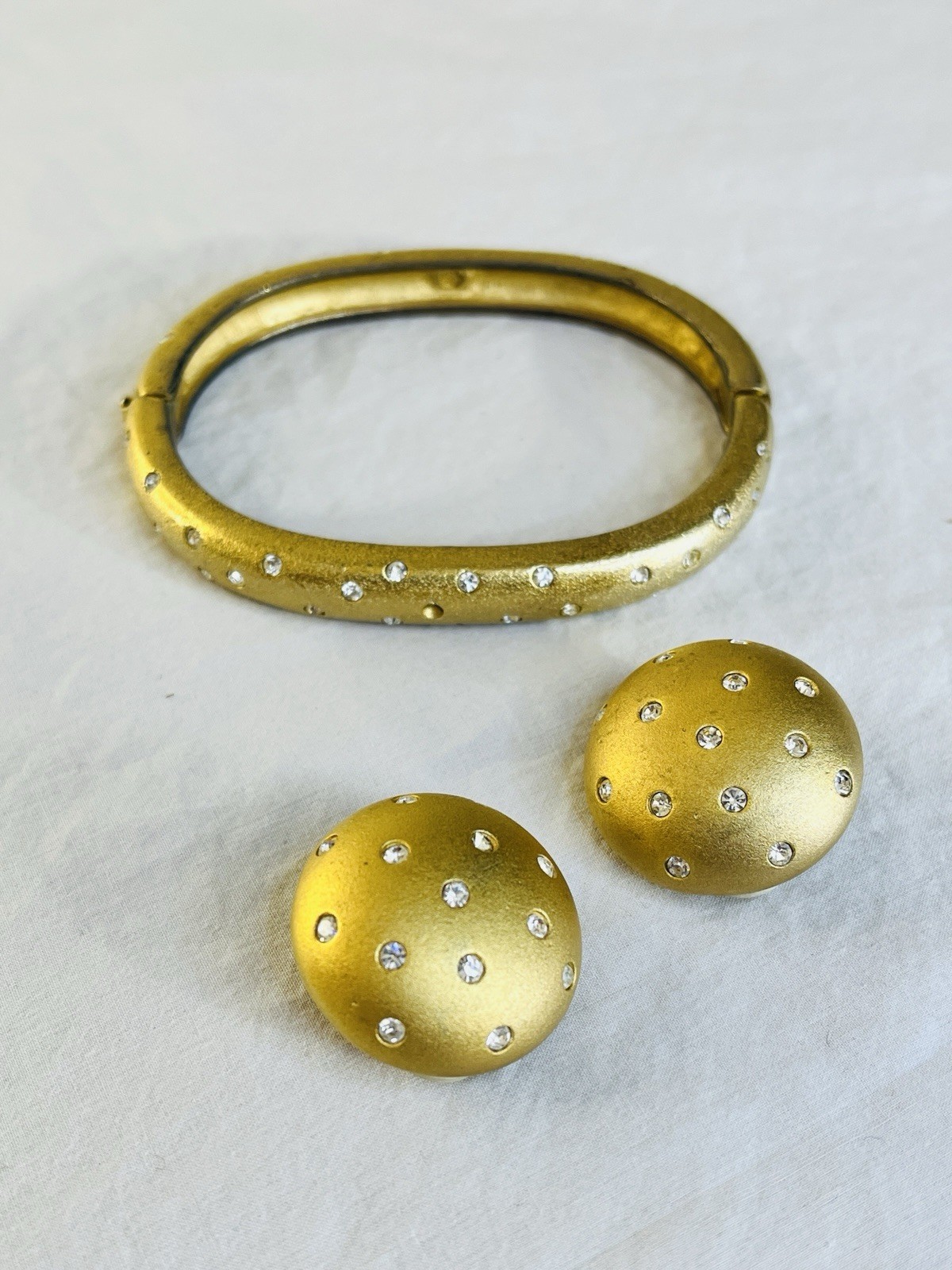 Vintage Swarovski Set Bracelet and Clip Earrings Matte Gold Tone Polka Dots