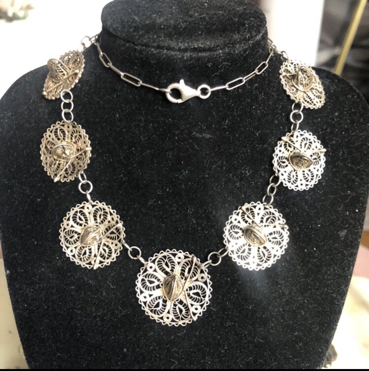 RARE Vtg 30s-40s Mexico Sterling Sombreros (7) Paperclip Chain Silver Necklace