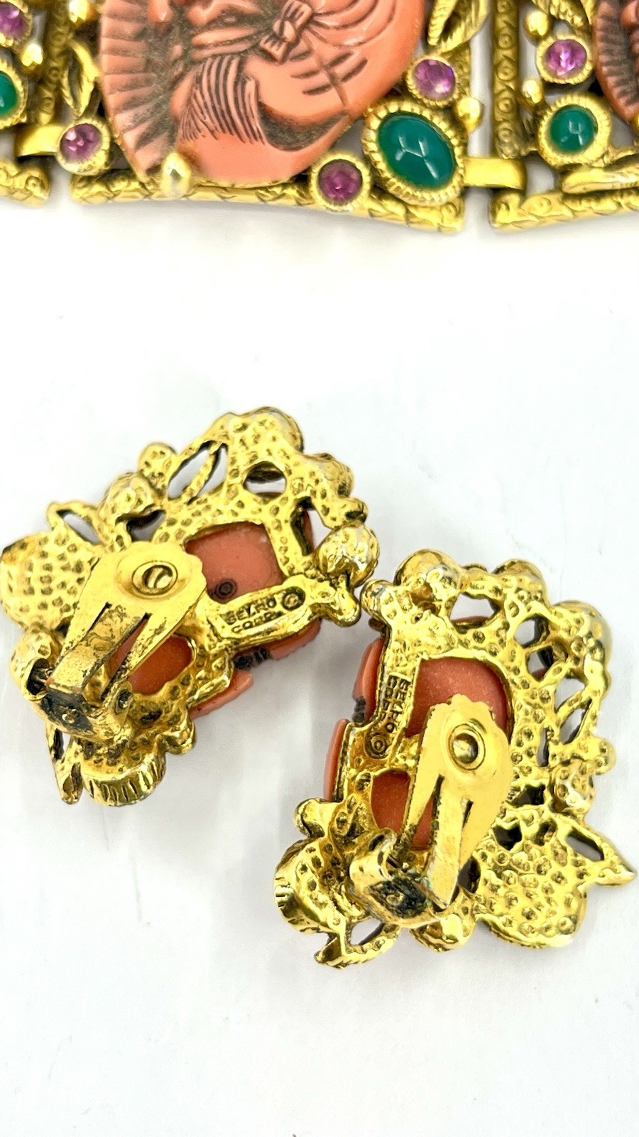 Vintage Selro Selini Faux Coral Noh Face Bracelet & Earring Set Needs Repair