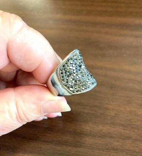 Stainless Steel Vintage Marcasite Gemstone Concave Ring – Size 9