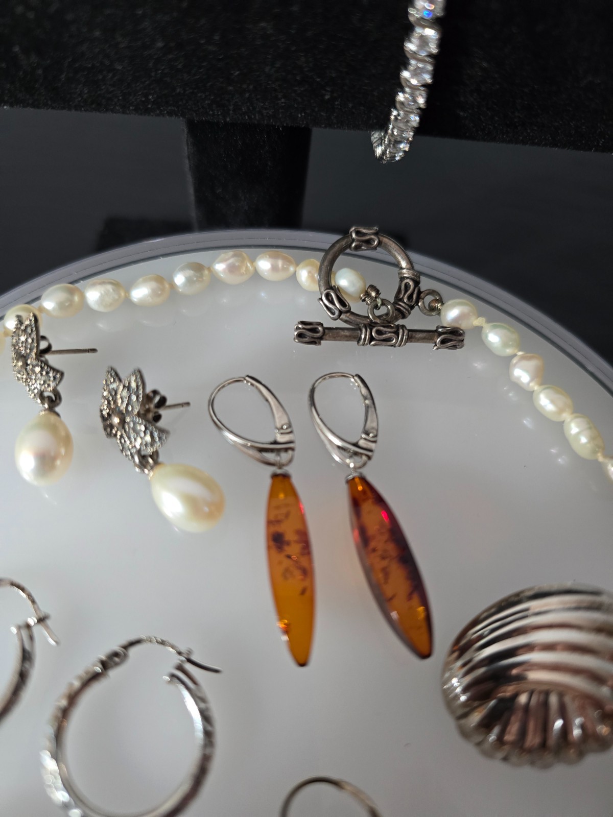 925 jewelry lot w/ fresh pearls Baltic amber and crystals signed