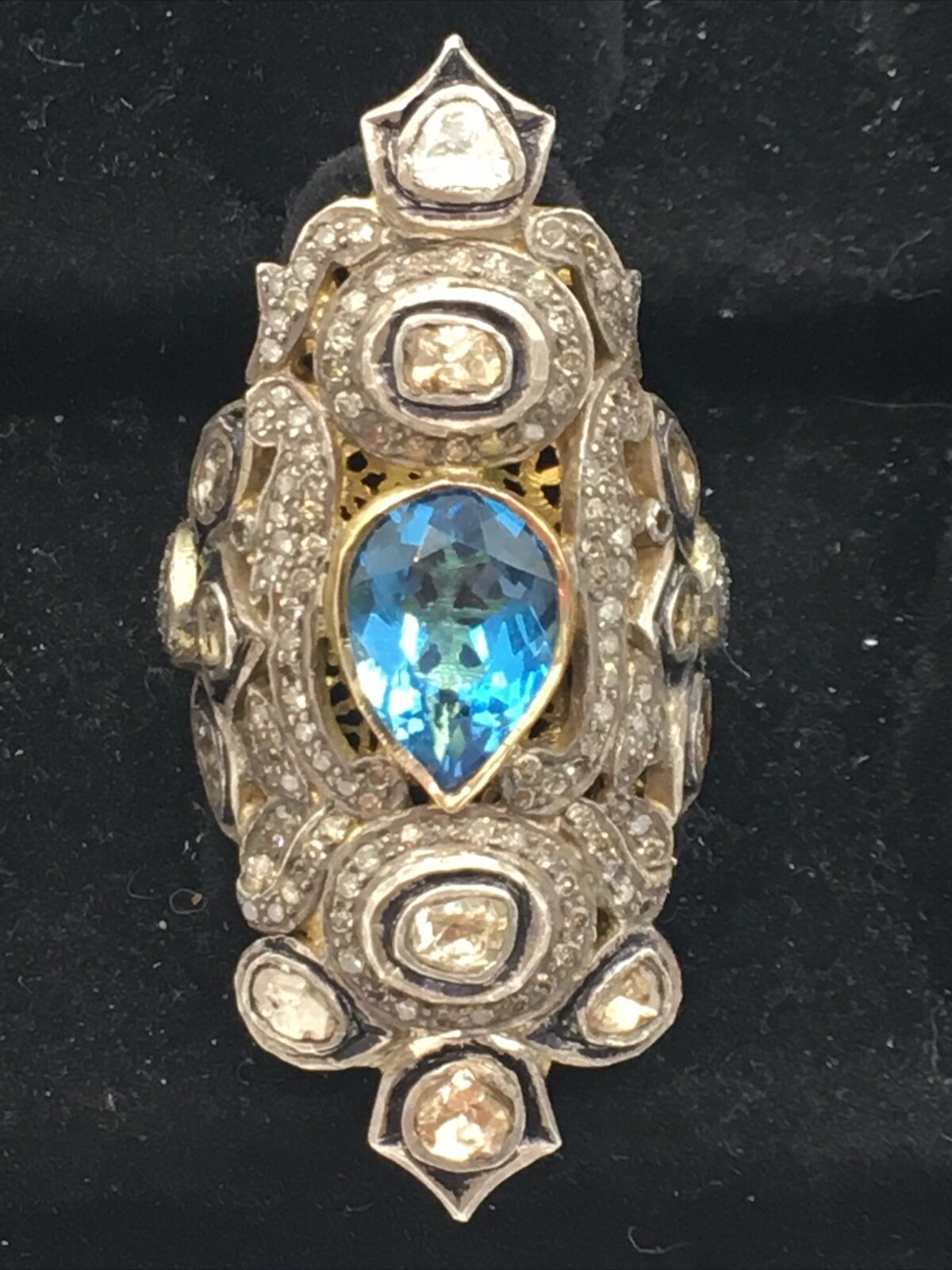 Vintage 14K Two Tone Gold 2.75TCW Diamonds & 3.40CTW Blue Topaz Ring 19.3gr.