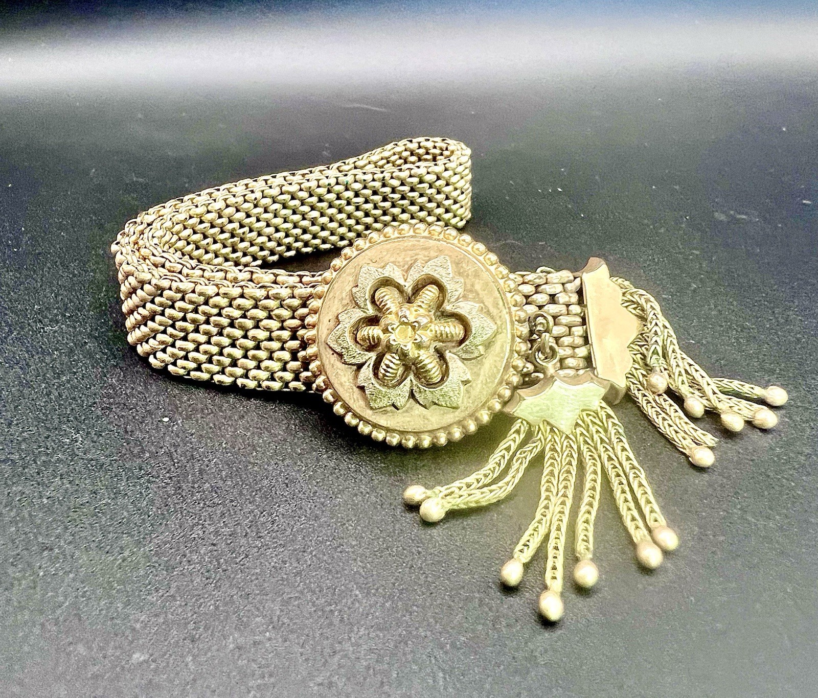 Vintage Victorian PAT 1871 Gold Mesh Tassle Slide Bracelet Shows Signs of Wear