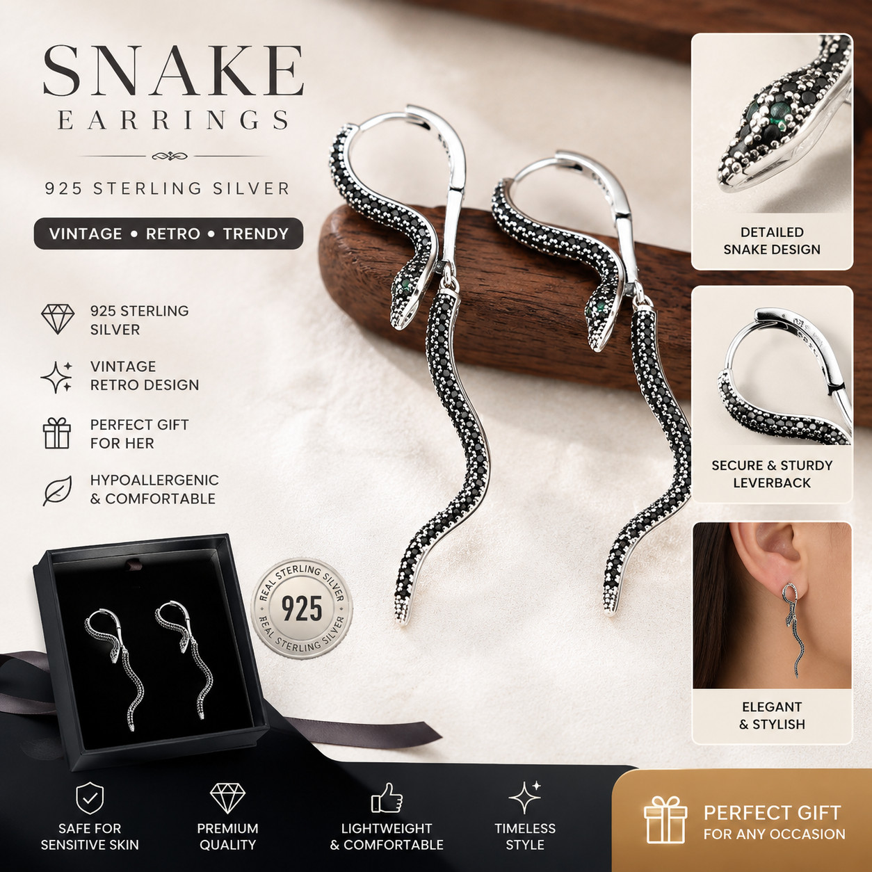 925 Sterling Silver Vintage Square Snake Earrings Retro Trendy Jewelry Gift