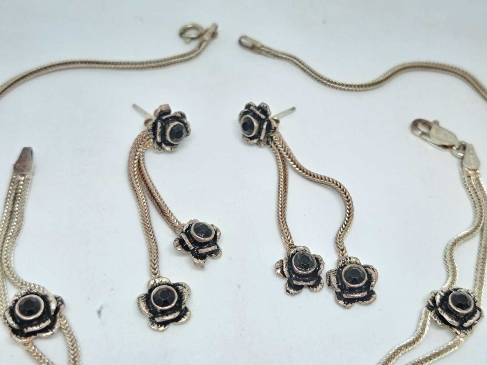 Vintage Set Necklace, Stud Earrings and Bracelet 925 Black Rose Ideal Gift