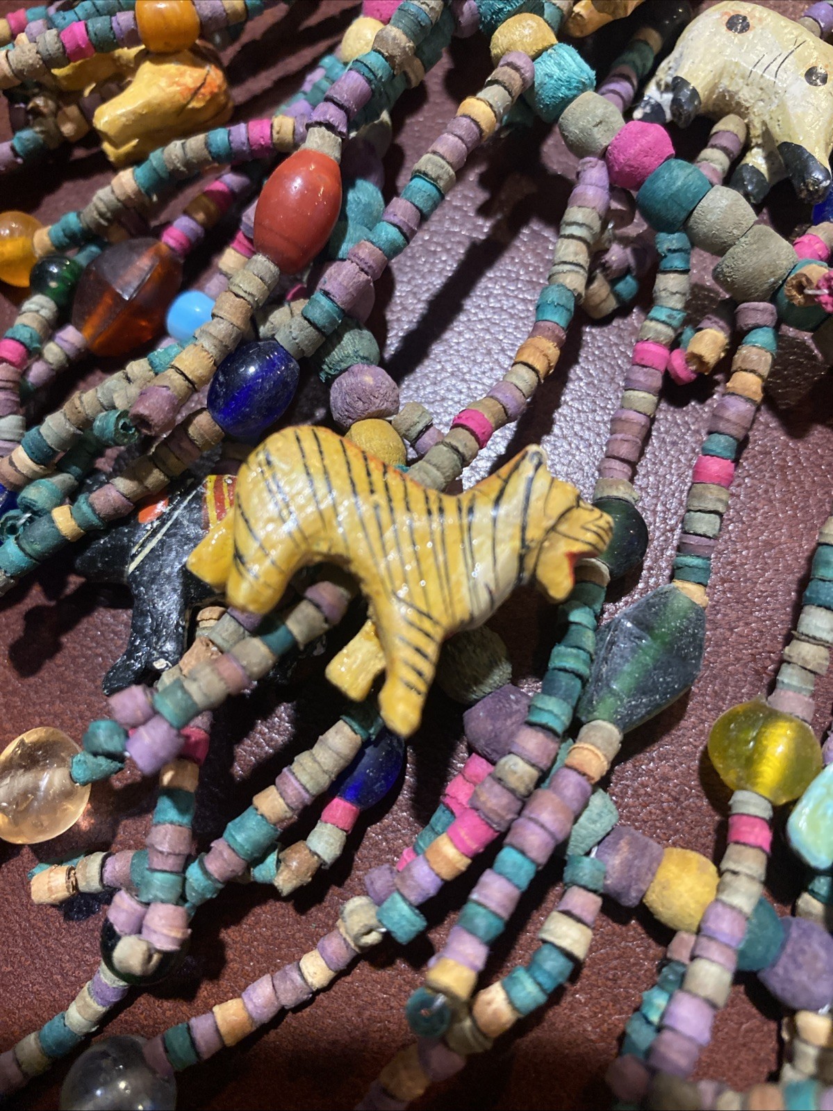 BOHO African Multi Strand Statement Necklace Wooden Carved Animals Fringe Beads