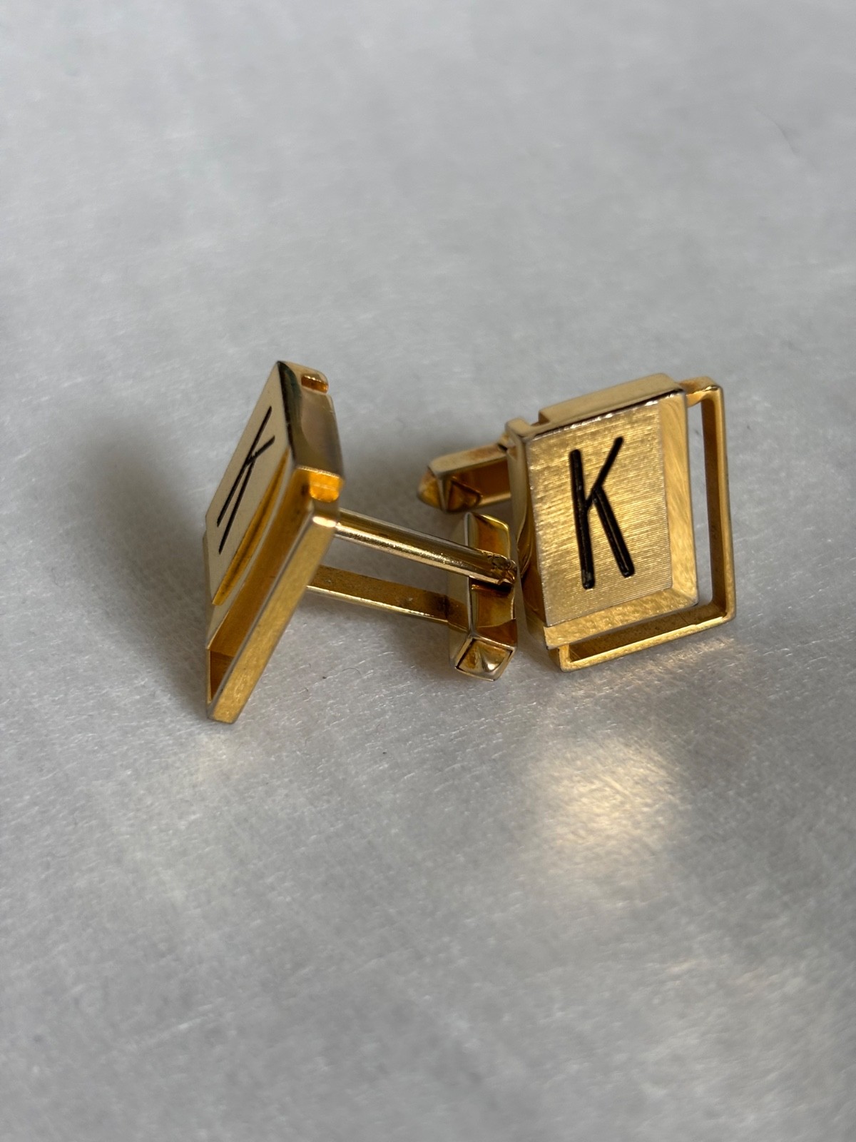 Vintage Initial K Cufflinks Gold Tone Square Geometric Monogram Mens Jewelry⁠