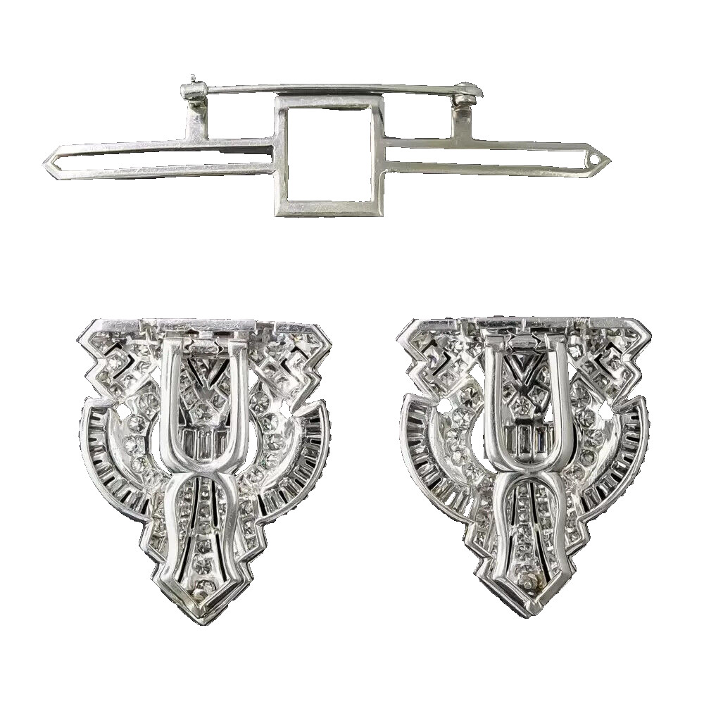 Art deco Geometric design Brilliant cut diamond Brooch pin in 925 Silver