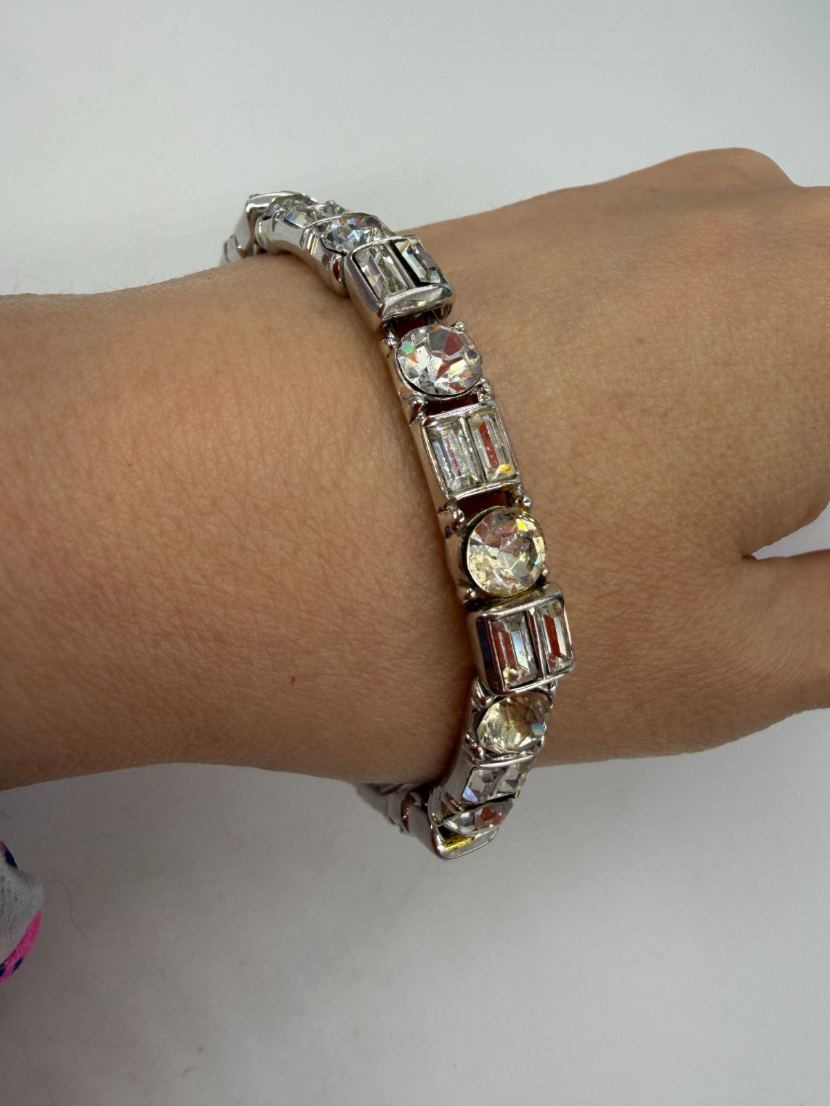 Vintage Bracelet Trifari Tennis Rhinestone Chain Silvertone 6.5 in PJ