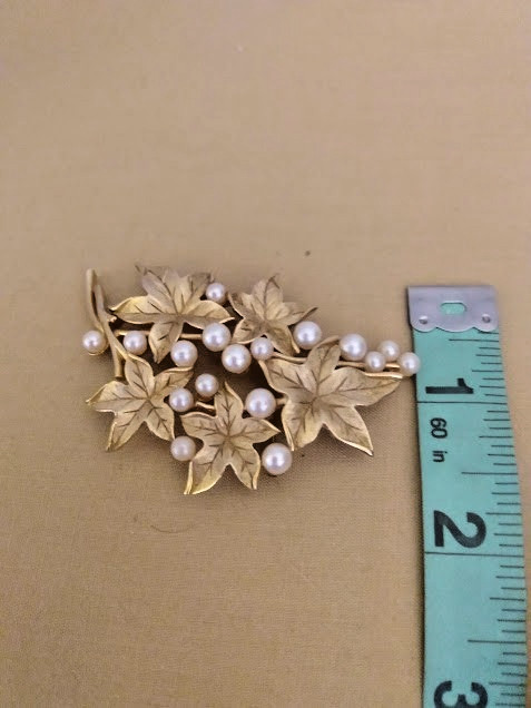 Vintage Gold Tone Crown Trifari Faux Pearl, Leaves, Floral Brooch