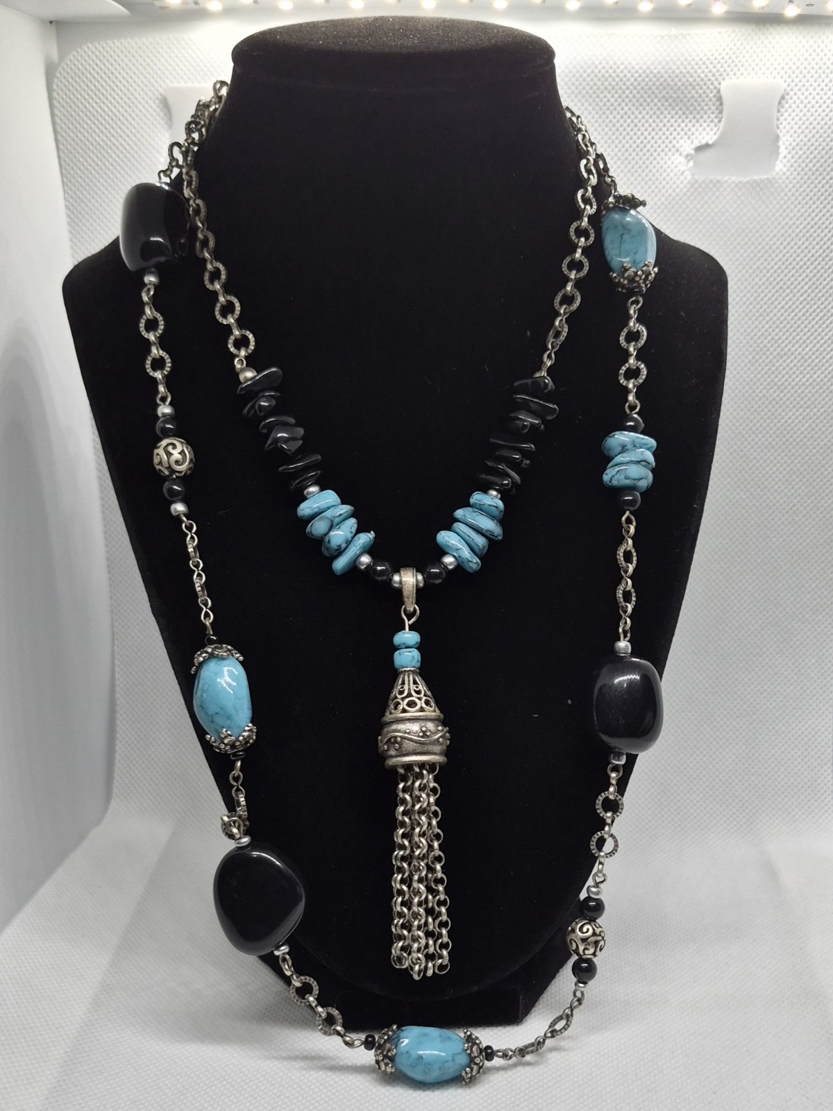 Vintage Chico’s Multi-Strand Blue and Black Necklace with Decorative Tassel