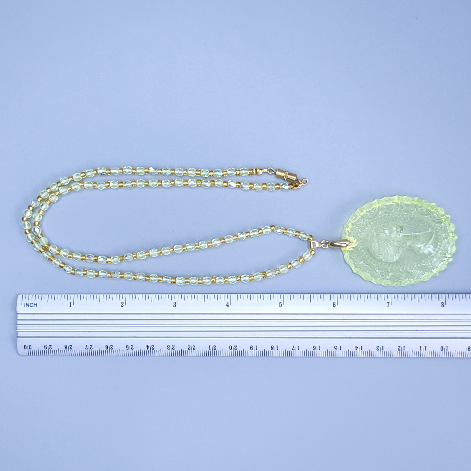 Uranium Glass Necklace 23” Cameo Pendant Vaseline Yellow Czech Beads